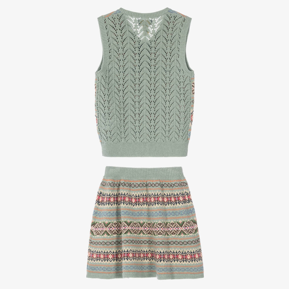 Ralph Lauren-Girls Green Fair Isle Knit Skirt Set | Childrensalon