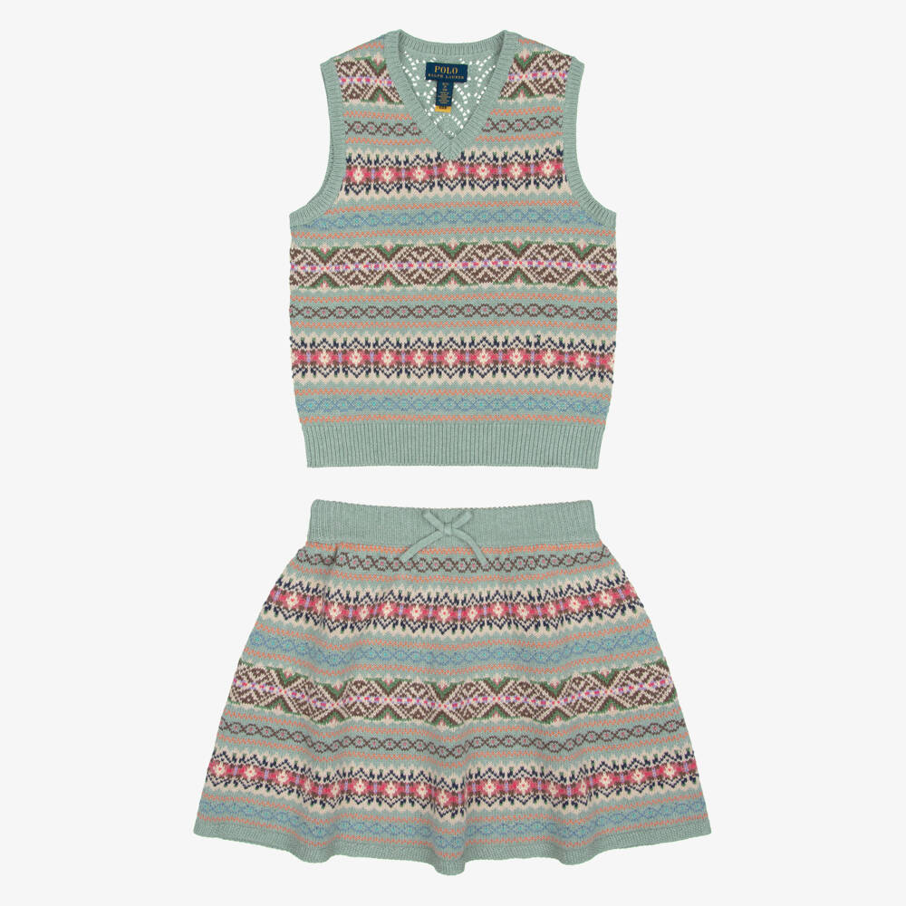Ralph Lauren-Girls Green Fair Isle Knit Skirt Set | Childrensalon
