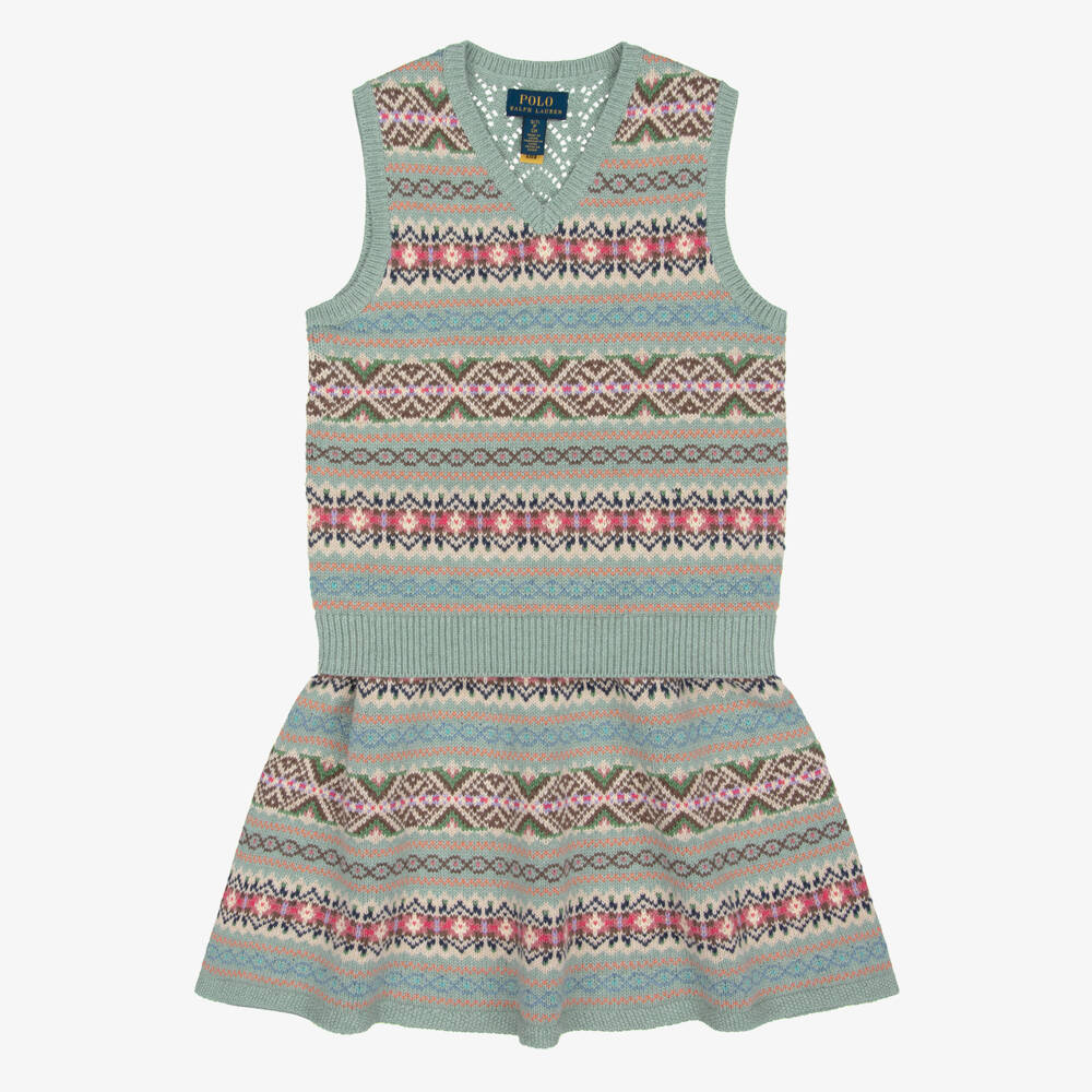Ralph Lauren-Girls Green Fair Isle Knit Skirt Set | Childrensalon