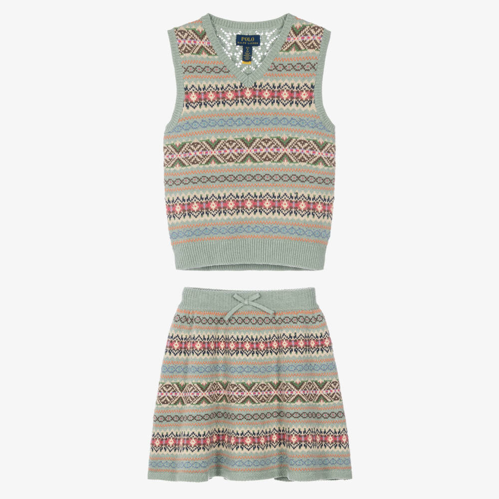 Ralph Lauren-Girls Green Fair Isle Knit Skirt Set | Childrensalon
