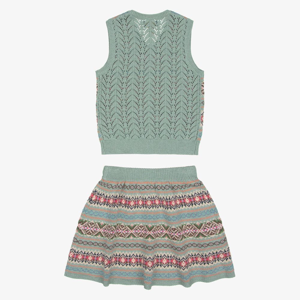 Ralph Lauren-Girls Green Fair Isle Knit Skirt Set | Childrensalon