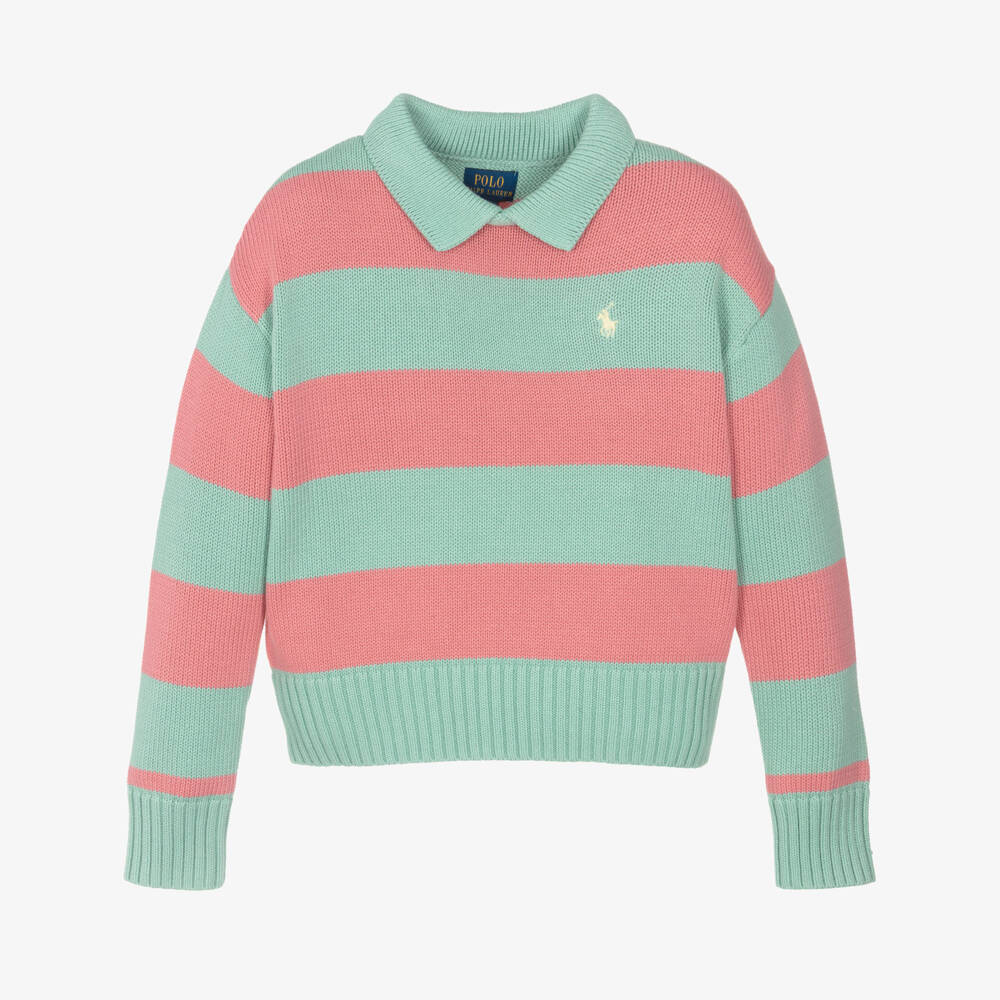 Ralph Lauren-بلوفر بولو قطن مقلم لون أخضر وزهري للبنات | Childrensalon