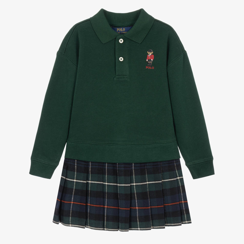 Ralph Lauren-Girls Green Polo Sweatshirt Dress with Pleated Tartan Skirt | Childrensalon