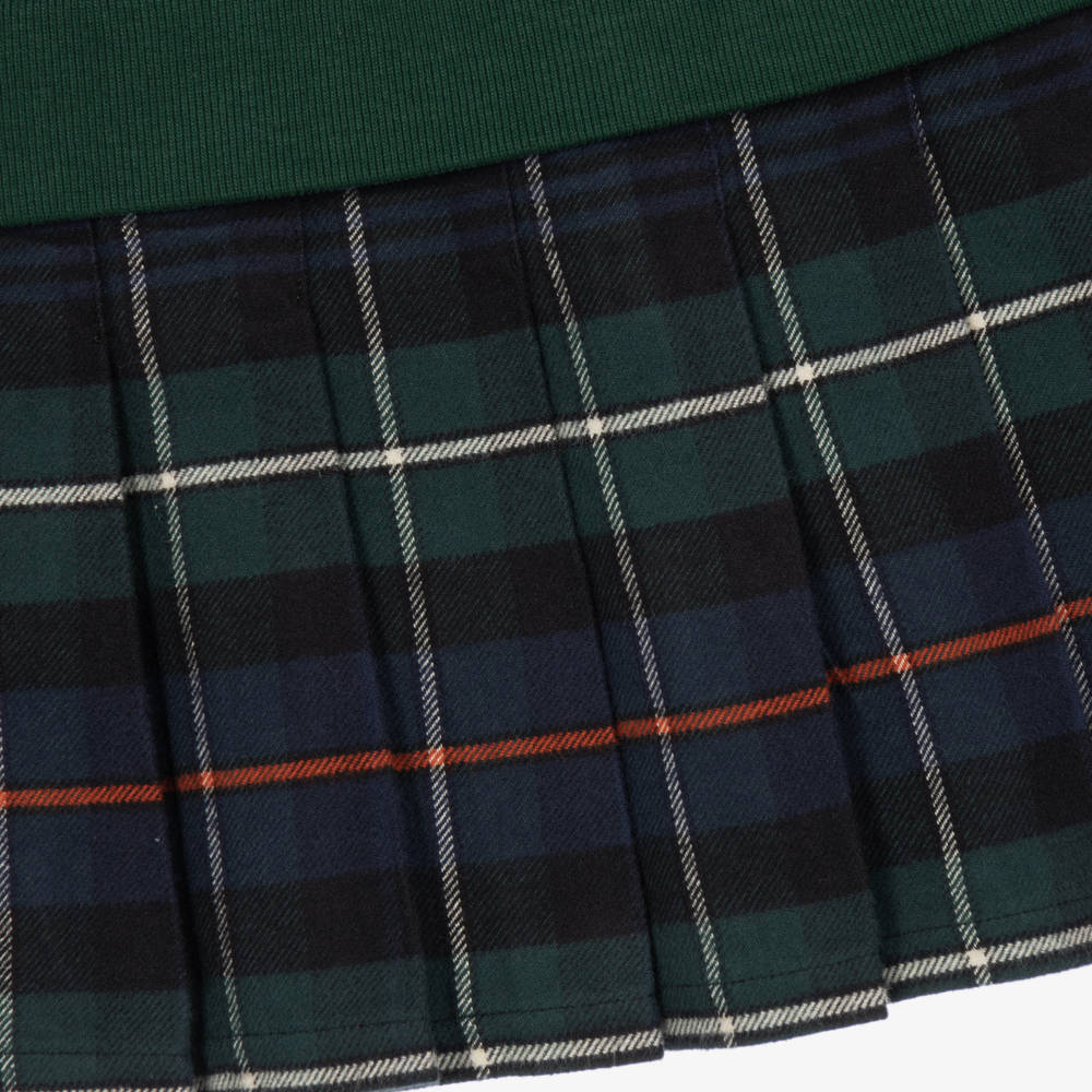 Ralph Lauren-Girls Green Polo Sweatshirt Dress with Pleated Tartan Skirt | Childrensalon