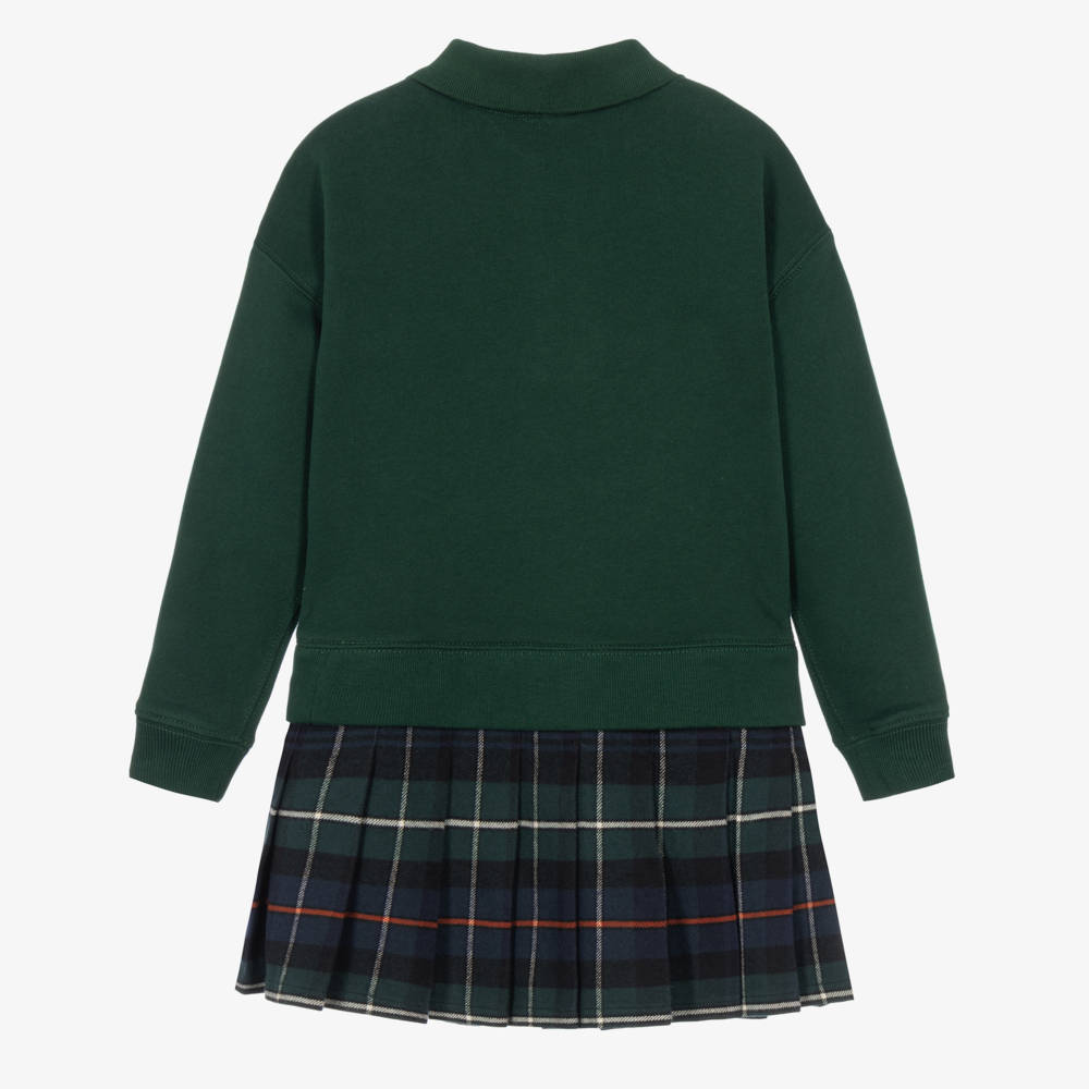 Ralph Lauren-Girls Green Polo Sweatshirt Dress with Pleated Tartan Skirt | Childrensalon