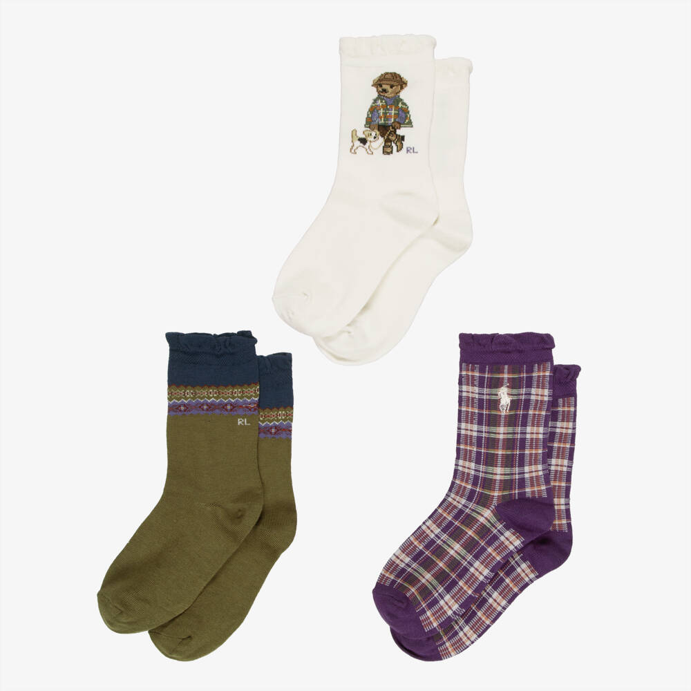 Ralph Lauren-Girls Green & Purple Polo Bear Socks (3 Pack) | Childrensalon