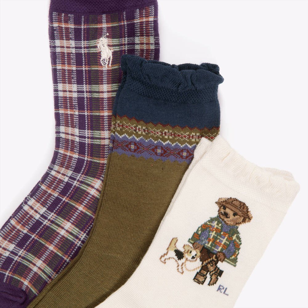 Ralph Lauren-Girls Green & Purple Polo Bear Socks (3 Pack) | Childrensalon