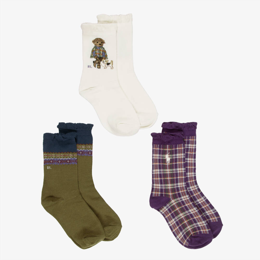 Ralph Lauren-Girls Green & Purple Polo Bear Socks (3 Pack) | Childrensalon