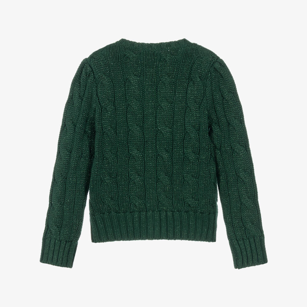 Ralph Lauren-Girls Green Sparkle Cable Knit Cardigan | Childrensalon
