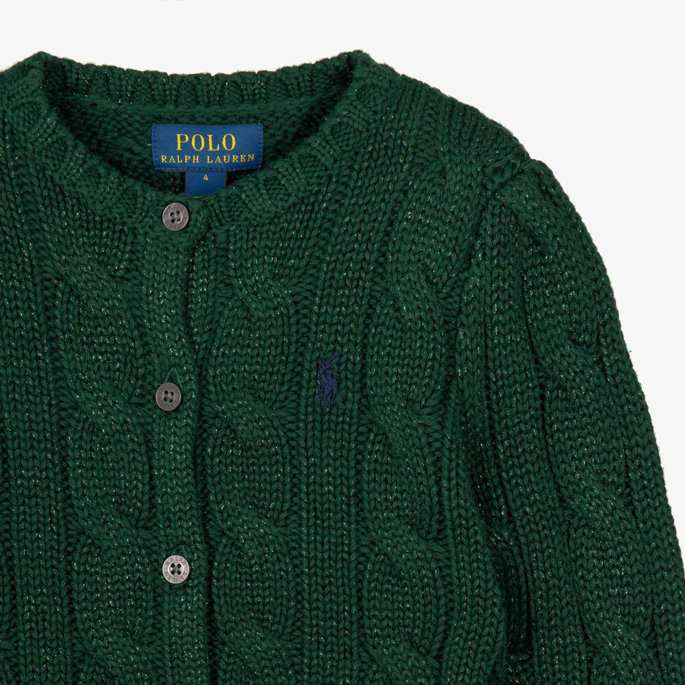 Ralph Lauren-Girls Green Sparkle Cable Knit Cardigan | Childrensalon