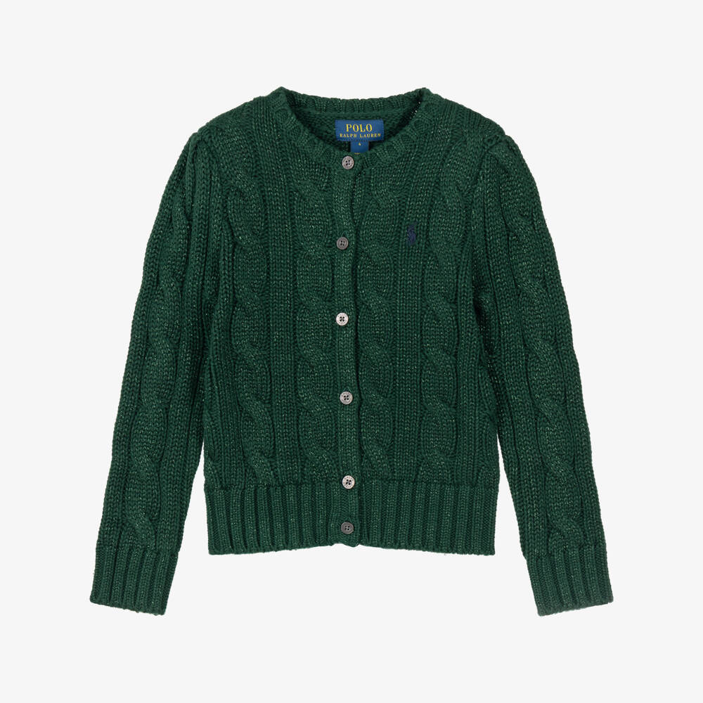 Ralph Lauren-Girls Green Sparkle Cable Knit Cardigan | Childrensalon