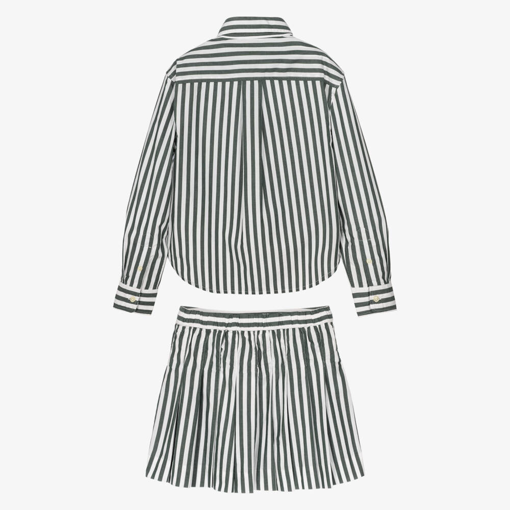 Ralph Lauren-Girls Green Striped Cotton Poplin Skirt Set | Childrensalon