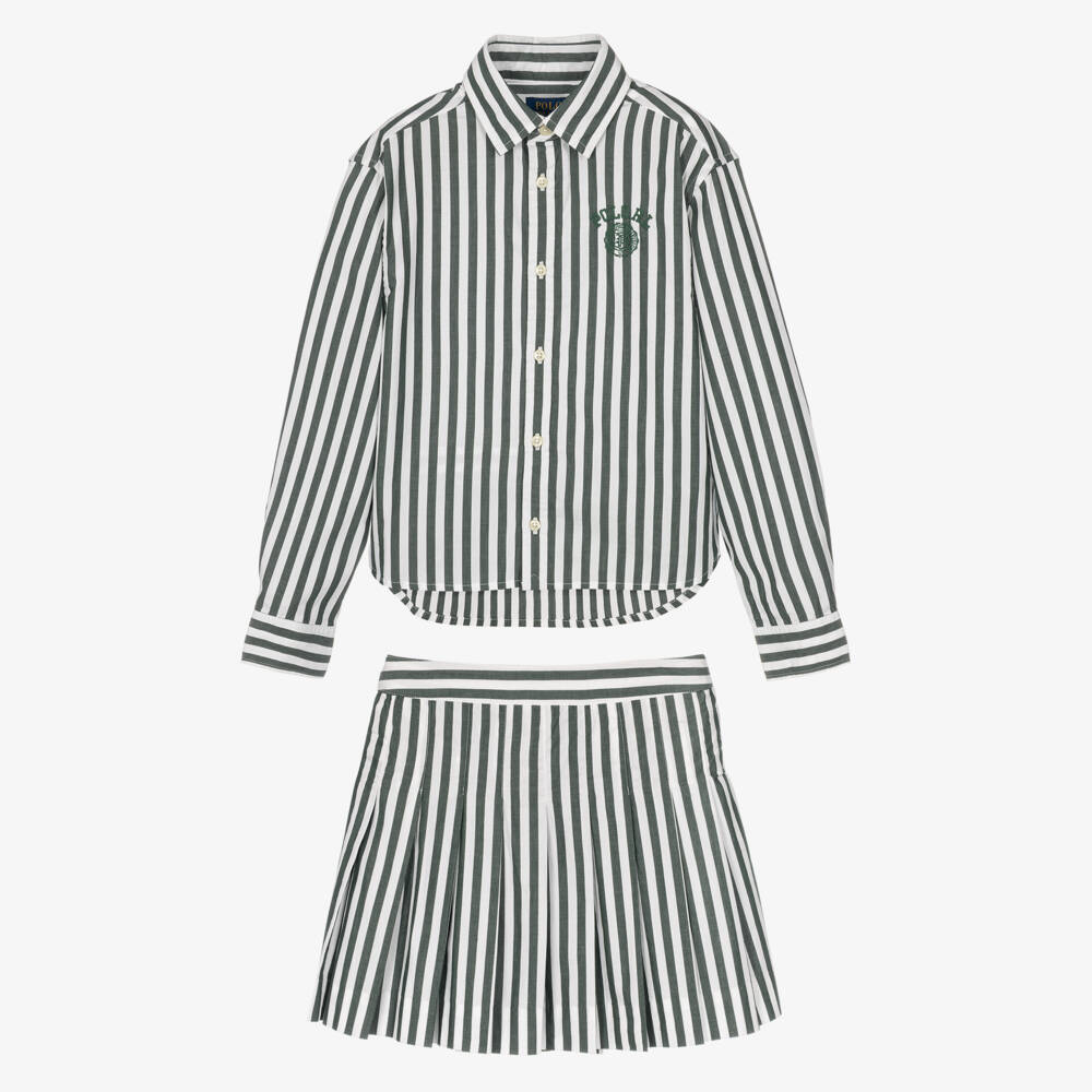 Ralph Lauren-Girls Green Striped Cotton Poplin Skirt Set | Childrensalon