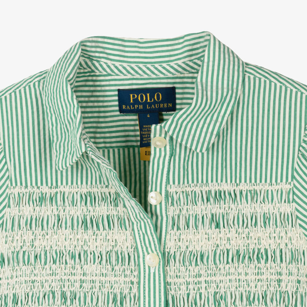 Ralph Lauren-Girls Green Striped Seersucker Dress | Childrensalon