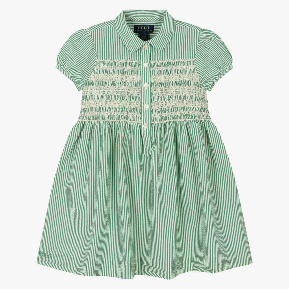 Ralph Lauren-Girls Green Striped Seersucker Dress | Childrensalon