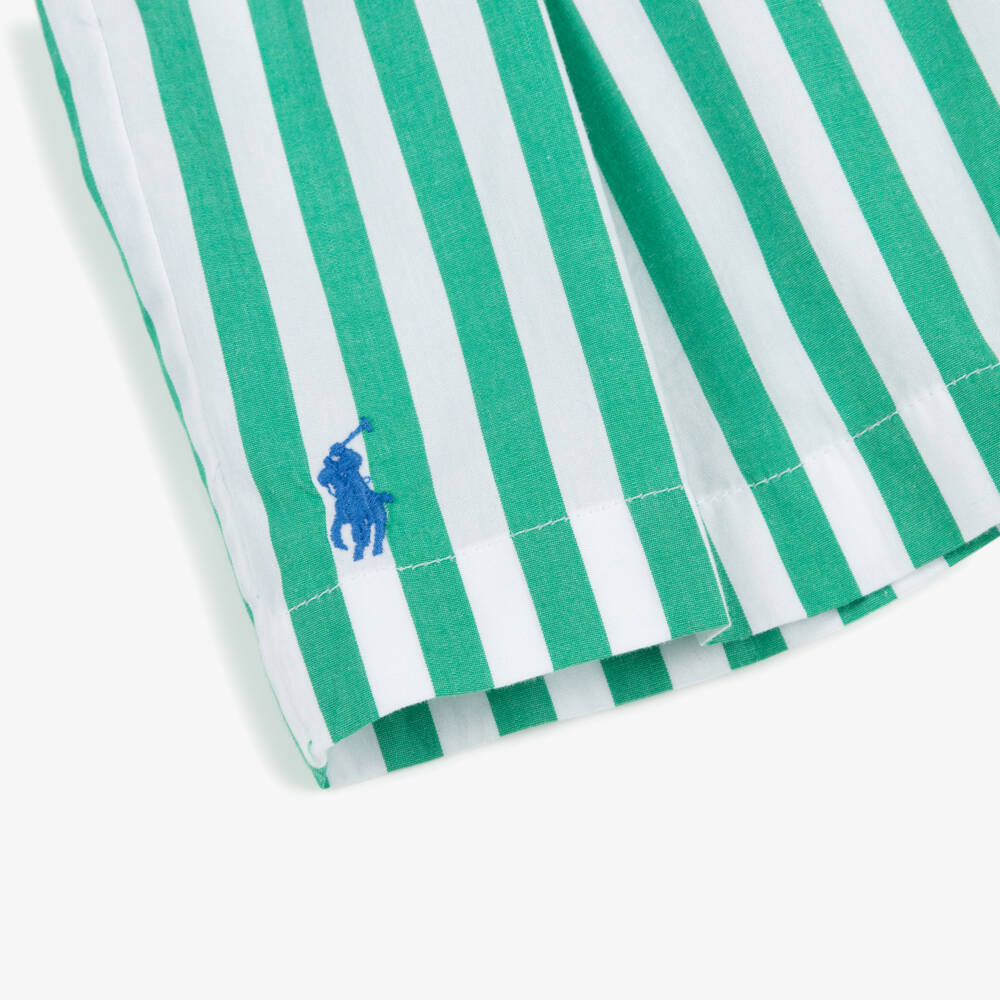 Ralph Lauren-Girls Green & White Striped Cotton Poplin Shorts | Childrensalon