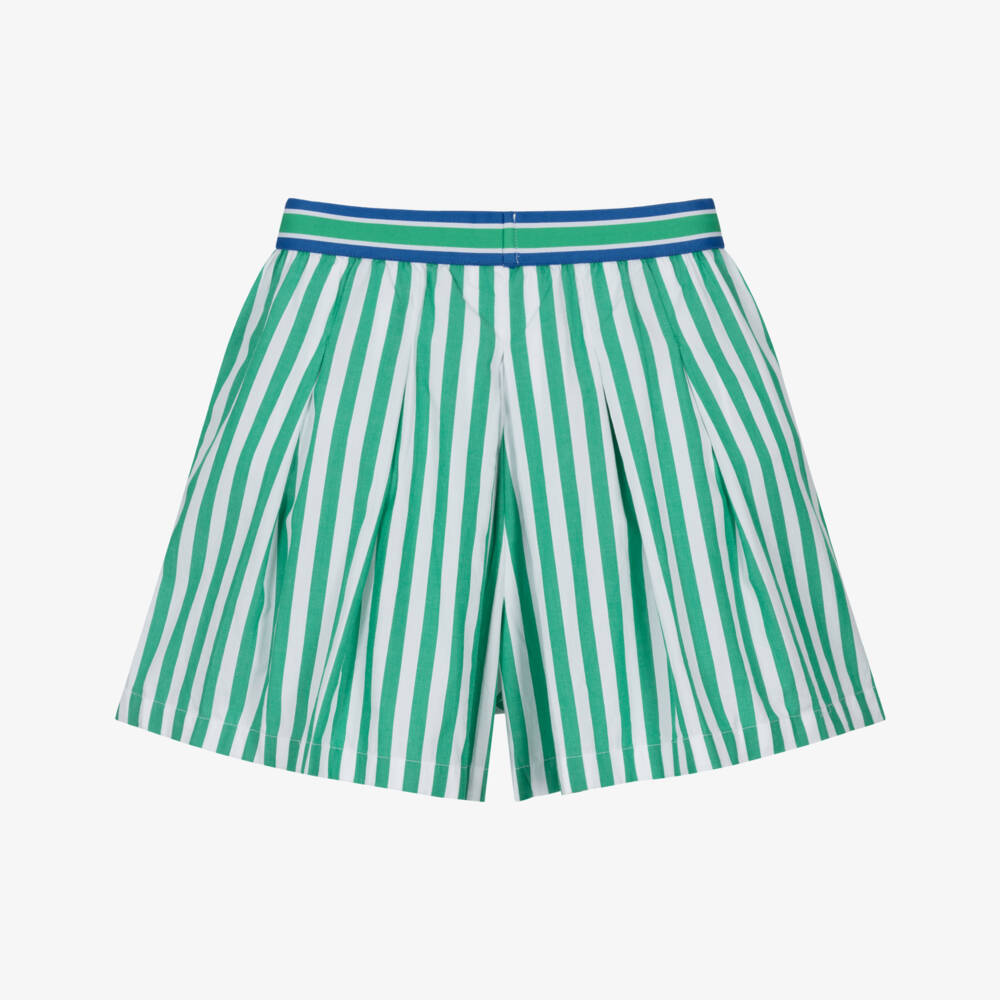 Ralph Lauren-Girls Green & White Striped Cotton Poplin Shorts | Childrensalon