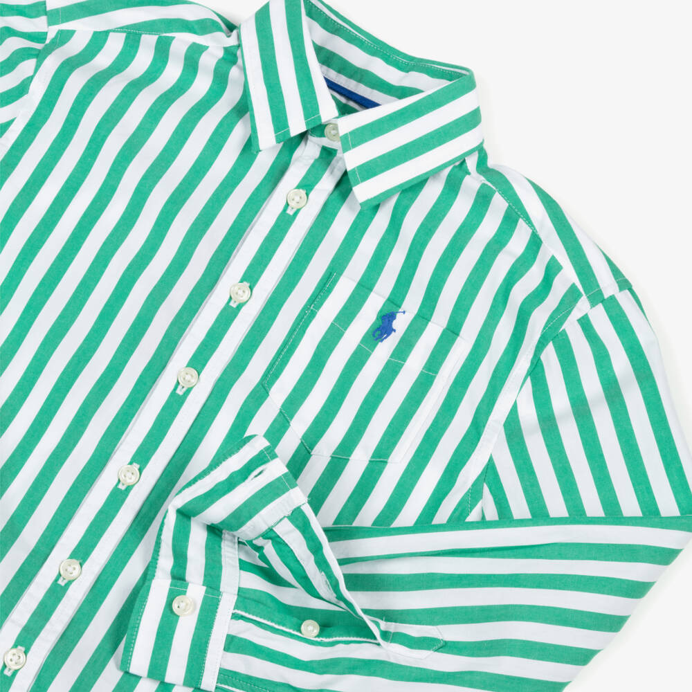 Ralph Lauren-قميص قطن مقلم لون أخضر وأبيض للبنات | Childrensalon