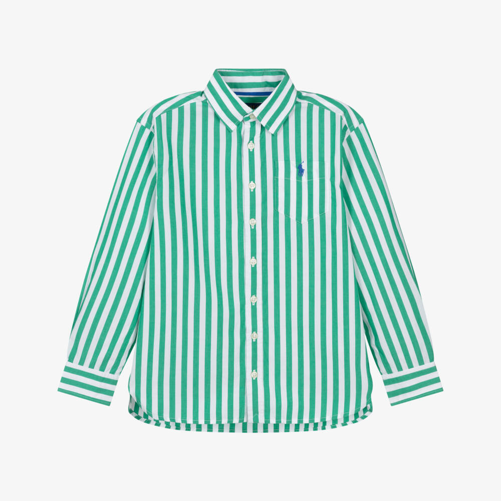 Ralph Lauren-Girls Green & White Striped Cotton Shirt | Childrensalon
