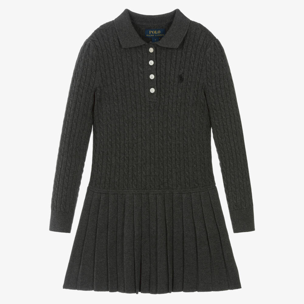Ralph Lauren-Girls Grey Cotton Cable Knit Dress with Pleated Skirt | Childrensalon
