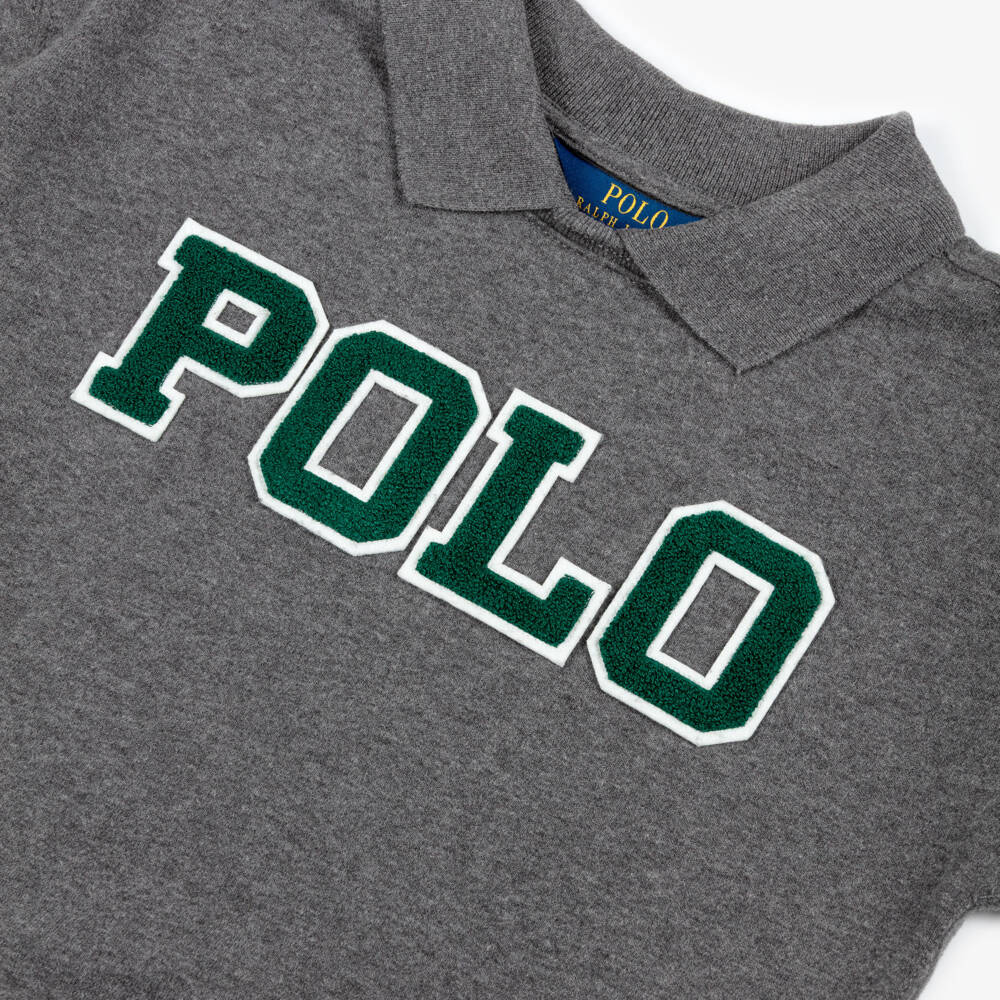 Ralph Lauren-Girls Grey Cotton Collared Sweatshirt with Bouclé Logo | Childrensalon