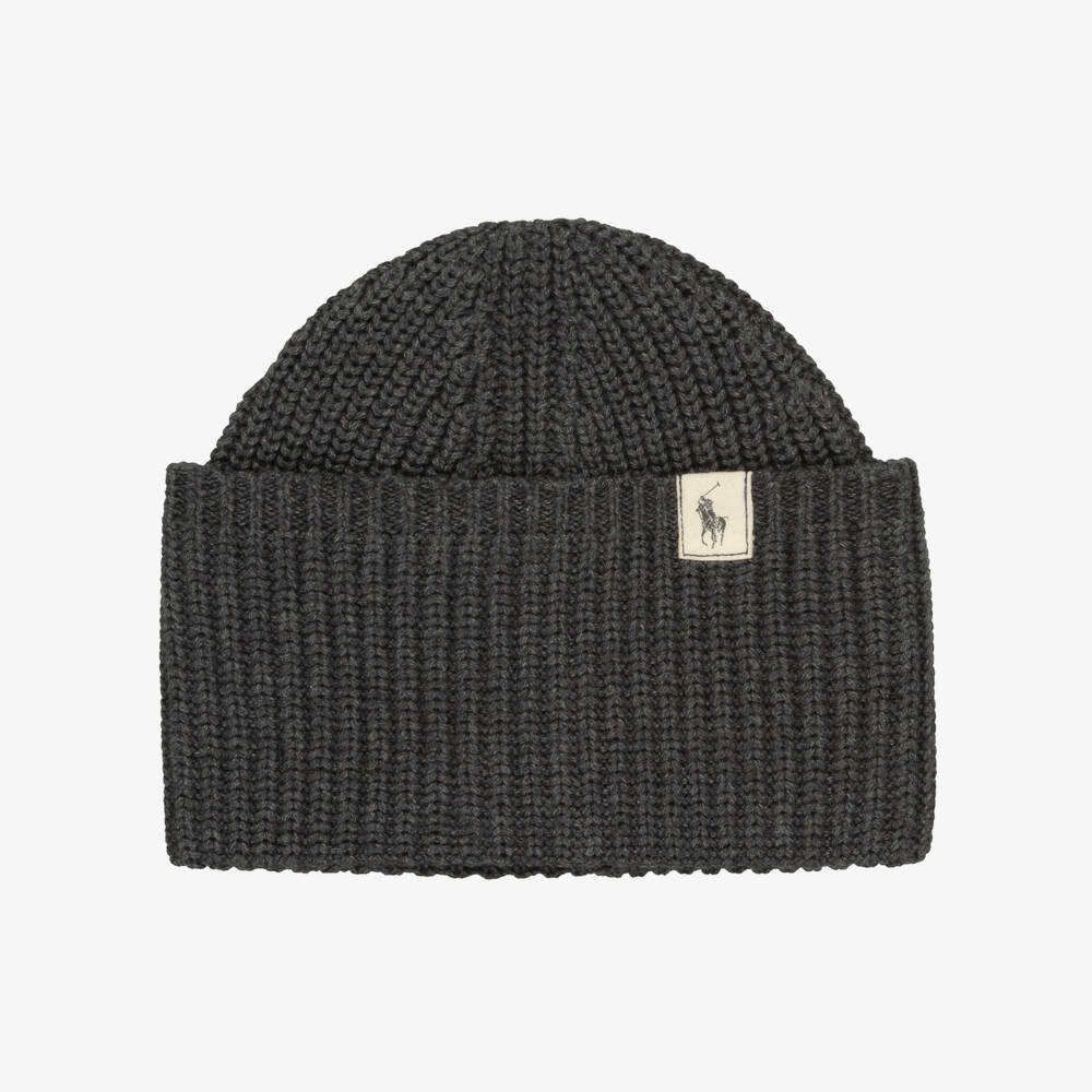Ralph Lauren-Girls Grey Cotton Ribbed Knit Beanie Hat with Pony Logo Tab | Childrensalon