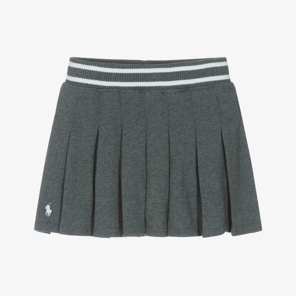 Ralph Lauren-Girls Grey Pleated Cotton Skort with Pony Logo | Childrensalon