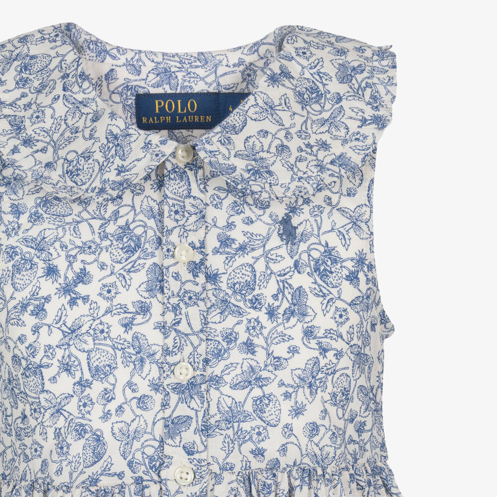 Ralph Lauren-Платье кремово-синее из хлопка с клубничным принтом для девочек | Childrensalon