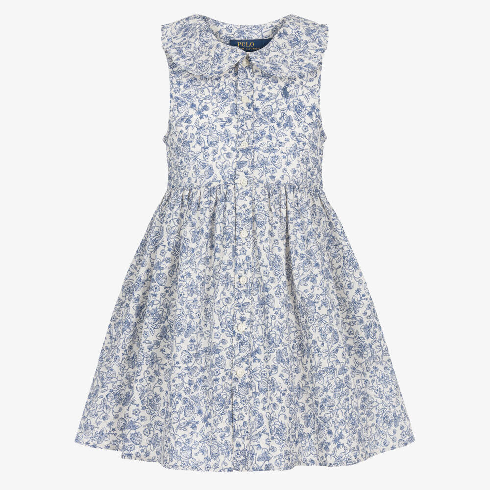 Ralph Lauren-Girls Ivory & Blue Cotton Dress with Strawberry Print | Childrensalon