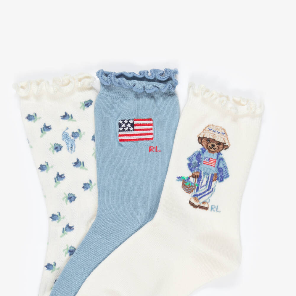 Ralph Lauren-Girls Ivory & Blue Cotton Socks (3 Pack) | Childrensalon