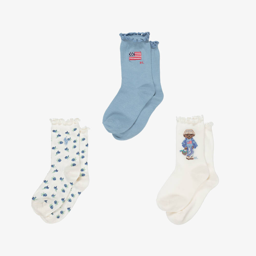 Ralph Lauren-Girls Ivory & Blue Cotton Socks (3 Pack) | Childrensalon