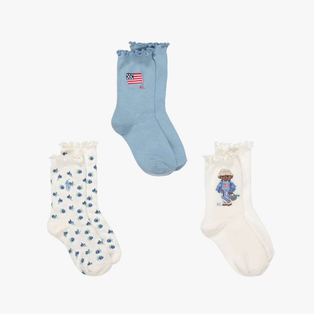 Ralph Lauren-Girls Ivory & Blue Cotton Socks (3 Pack) | Childrensalon