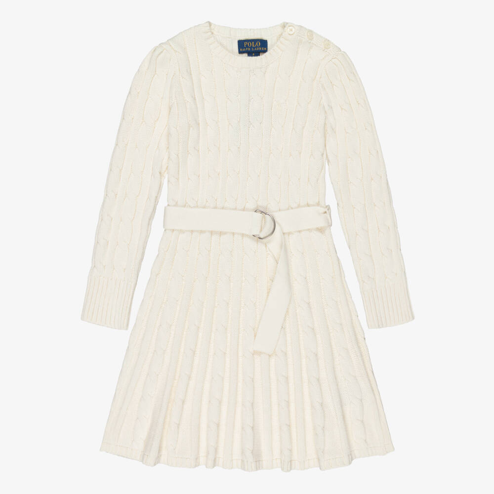 Ralph Lauren-Girls Ivory Cable Knit Belted Dress | Childrensalon