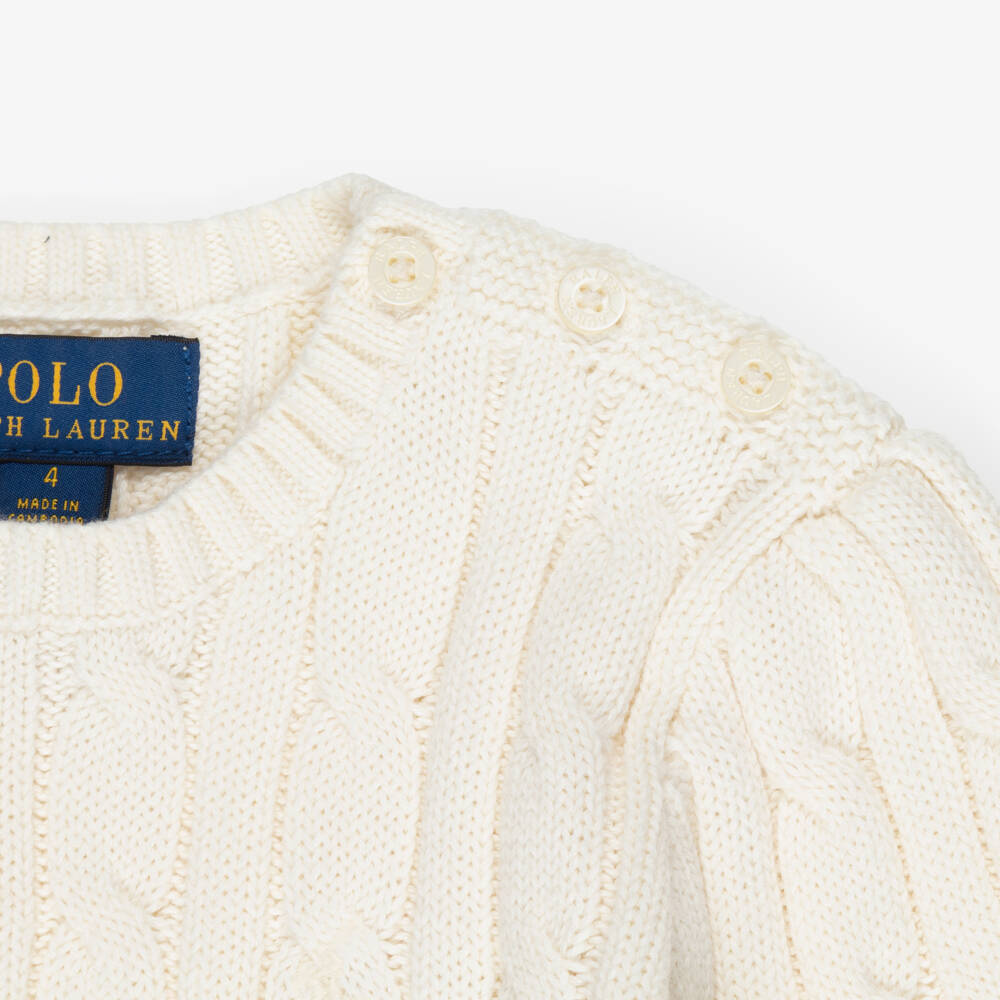 Ralph Lauren-Girls Ivory Cable Knit Belted Dress | Childrensalon