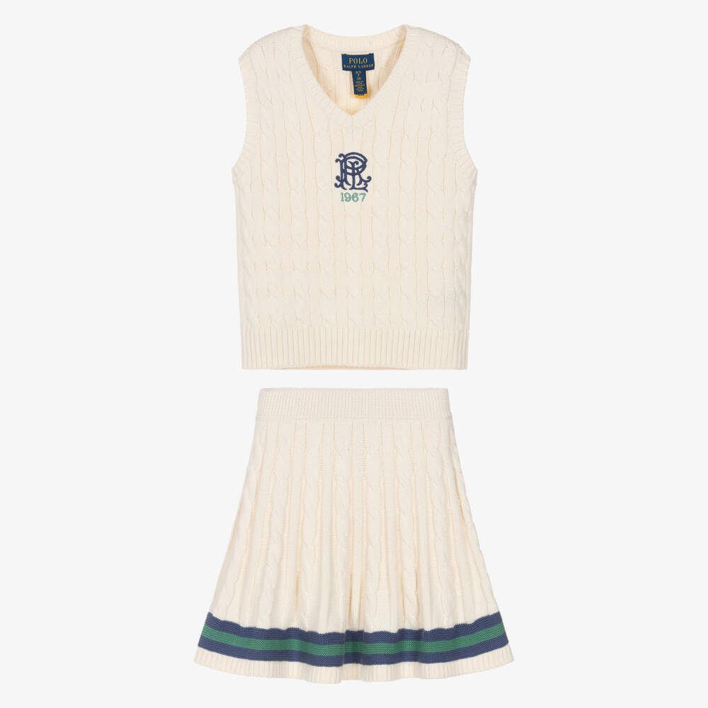 Ralph Lauren-Girls Ivory Cable Knit Cotton Skirt Set | Childrensalon
