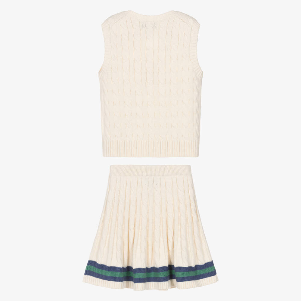 Ralph Lauren-Girls Ivory Cable Knit Cotton Skirt Set | Childrensalon