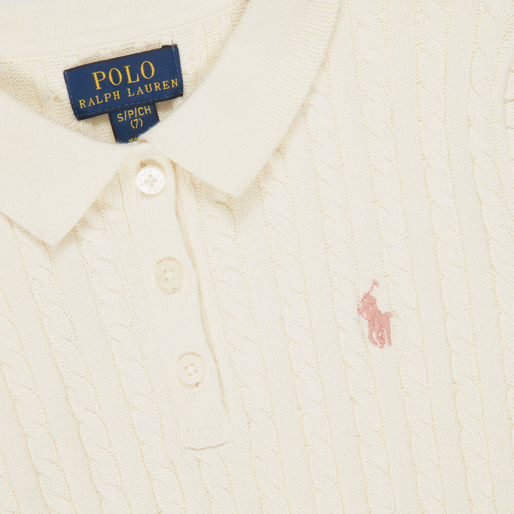 Ralph Lauren-Girls Ivory Cable Knit Polo Shirt | Childrensalon