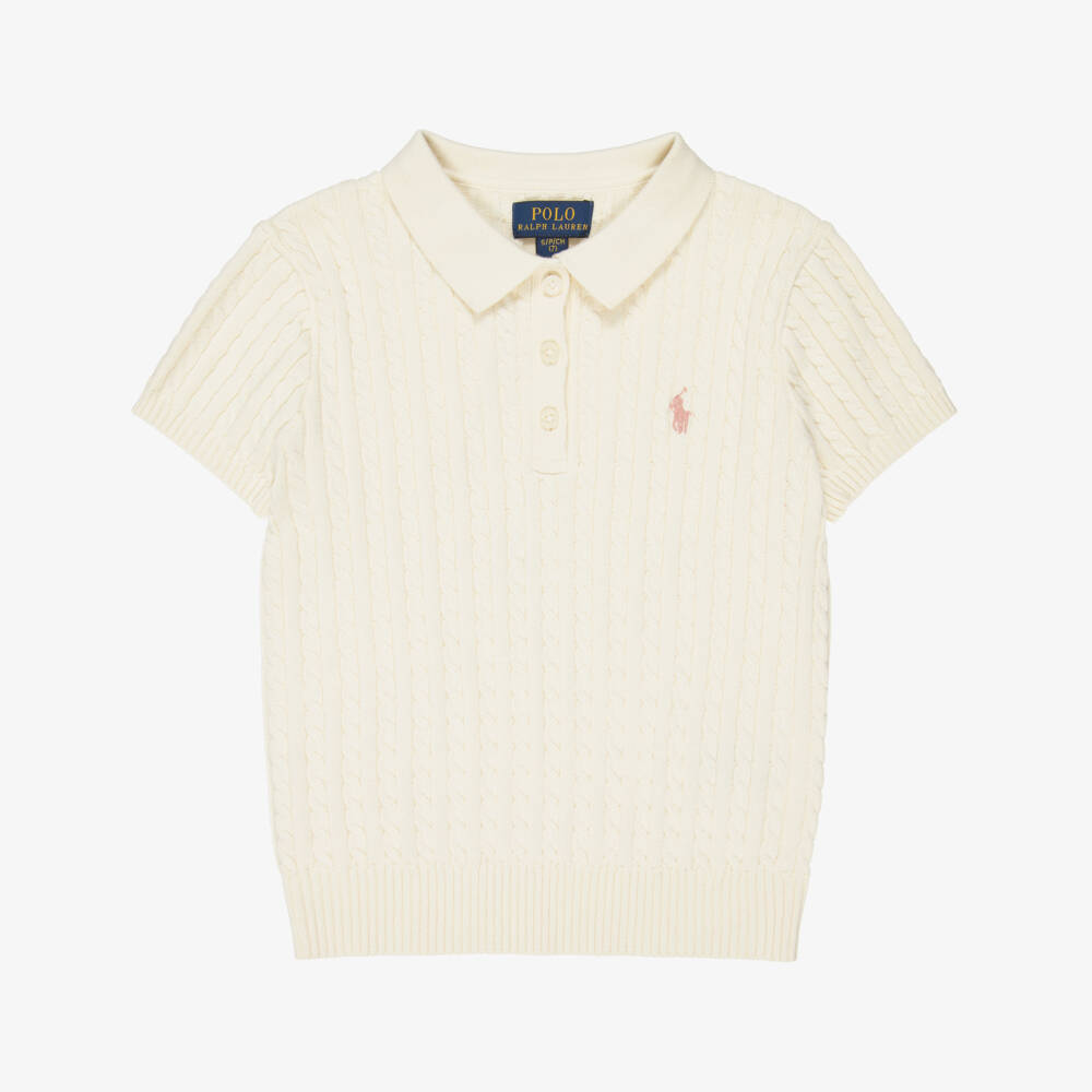 Ralph Lauren-Girls Ivory Cable Knit Polo Shirt | Childrensalon