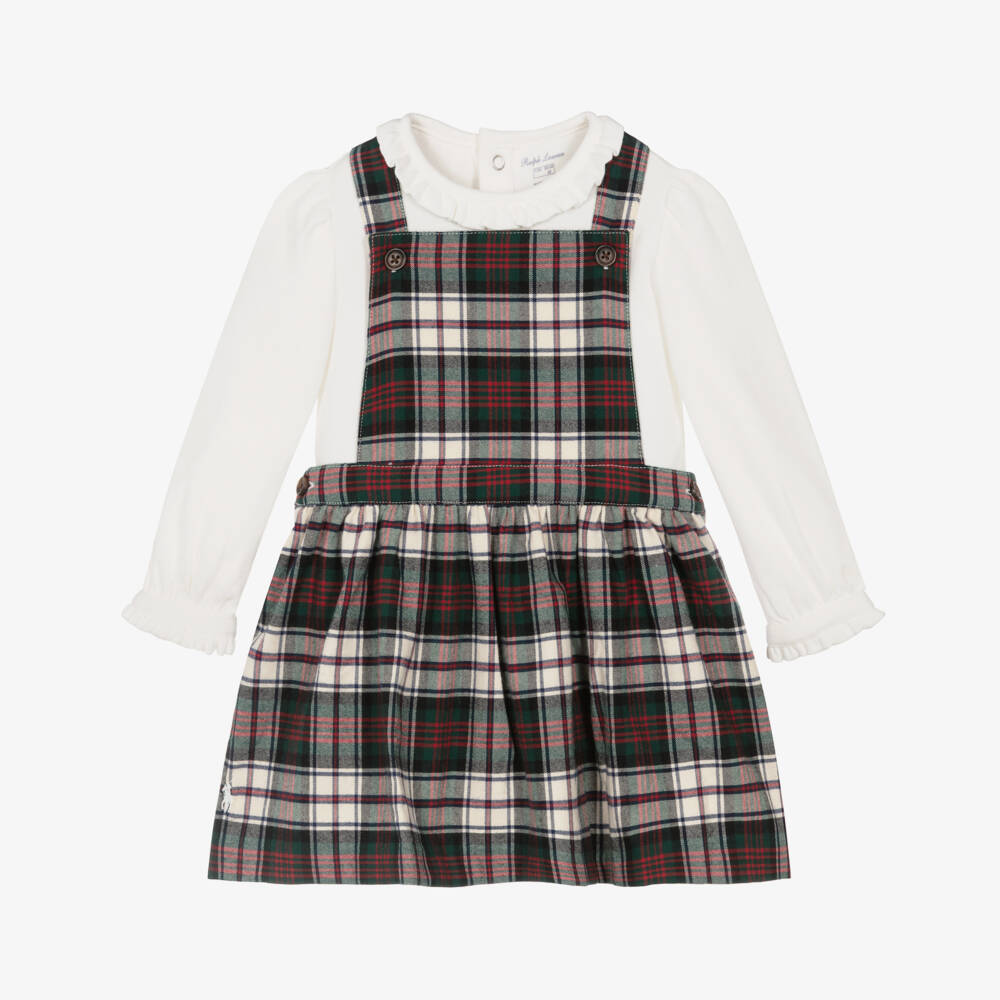 Ralph Lauren-Girls Ivory Cotton Bodysuit & Tartan Dress Set | Childrensalon