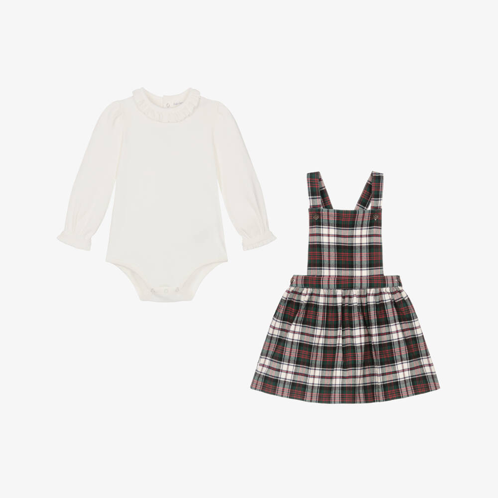Ralph Lauren-Girls Ivory Cotton Bodysuit & Tartan Dress Set | Childrensalon