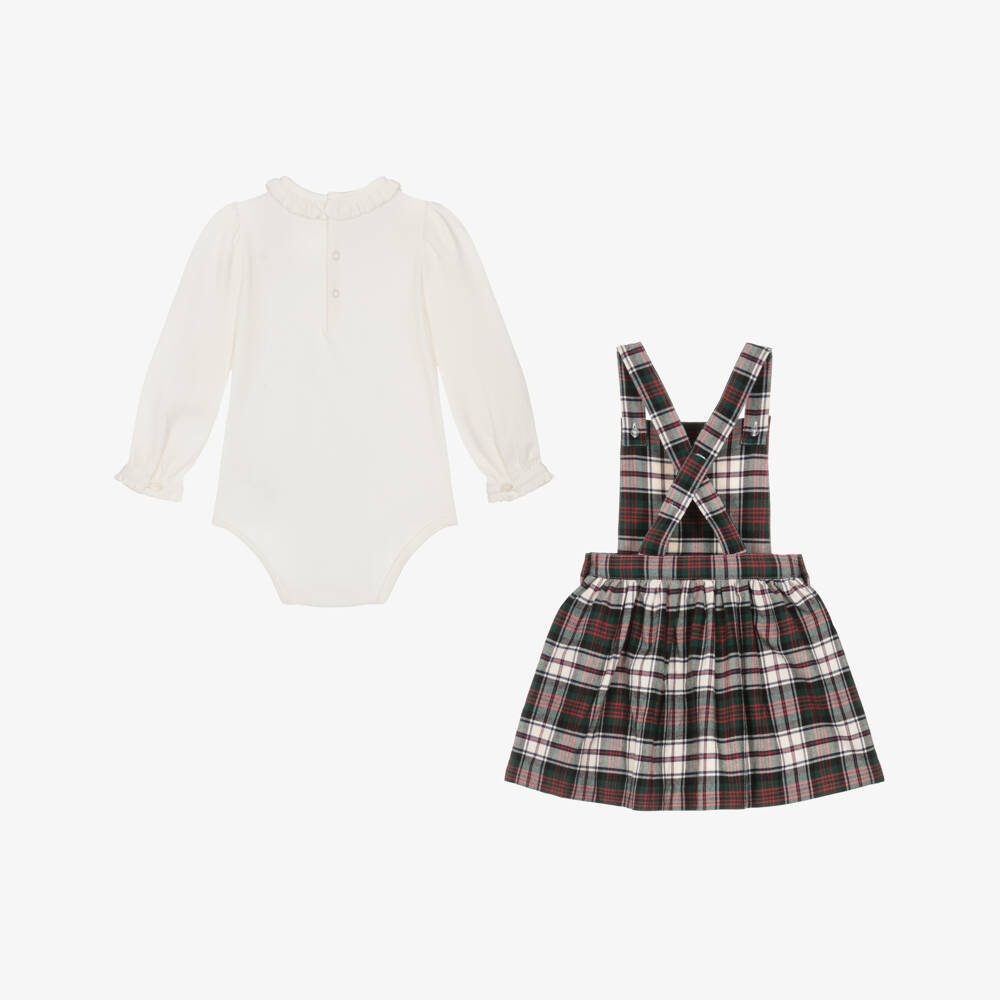 Ralph Lauren-Girls Ivory Cotton Bodysuit & Tartan Dress Set | Childrensalon