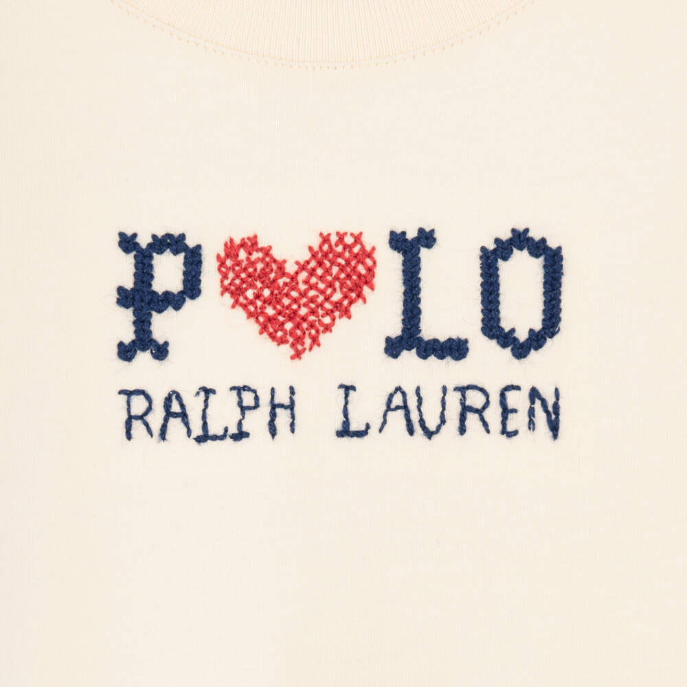Ralph Lauren-Girls Ivory Cotton Boxy T-Shirt with Embroidered Logo | Childrensalon
