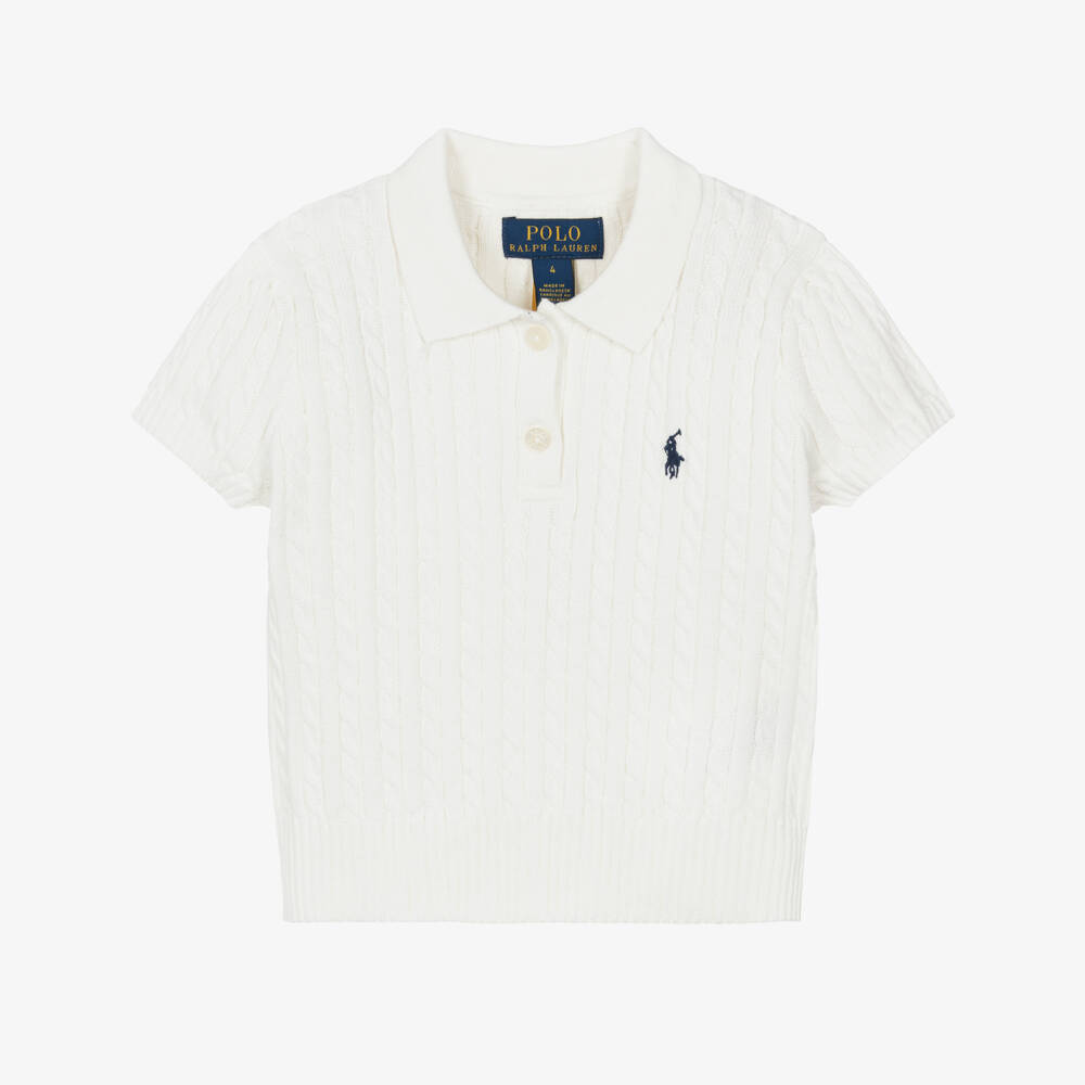 Ralph Lauren-Girls Ivory Cotton Cable Knit Polo Top with Pony Logo | Childrensalon