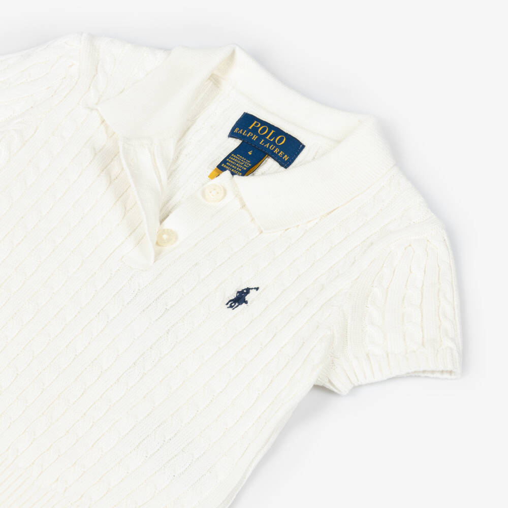 Ralph Lauren-Girls Ivory Cotton Cable Knit Polo Top with Pony Logo | Childrensalon