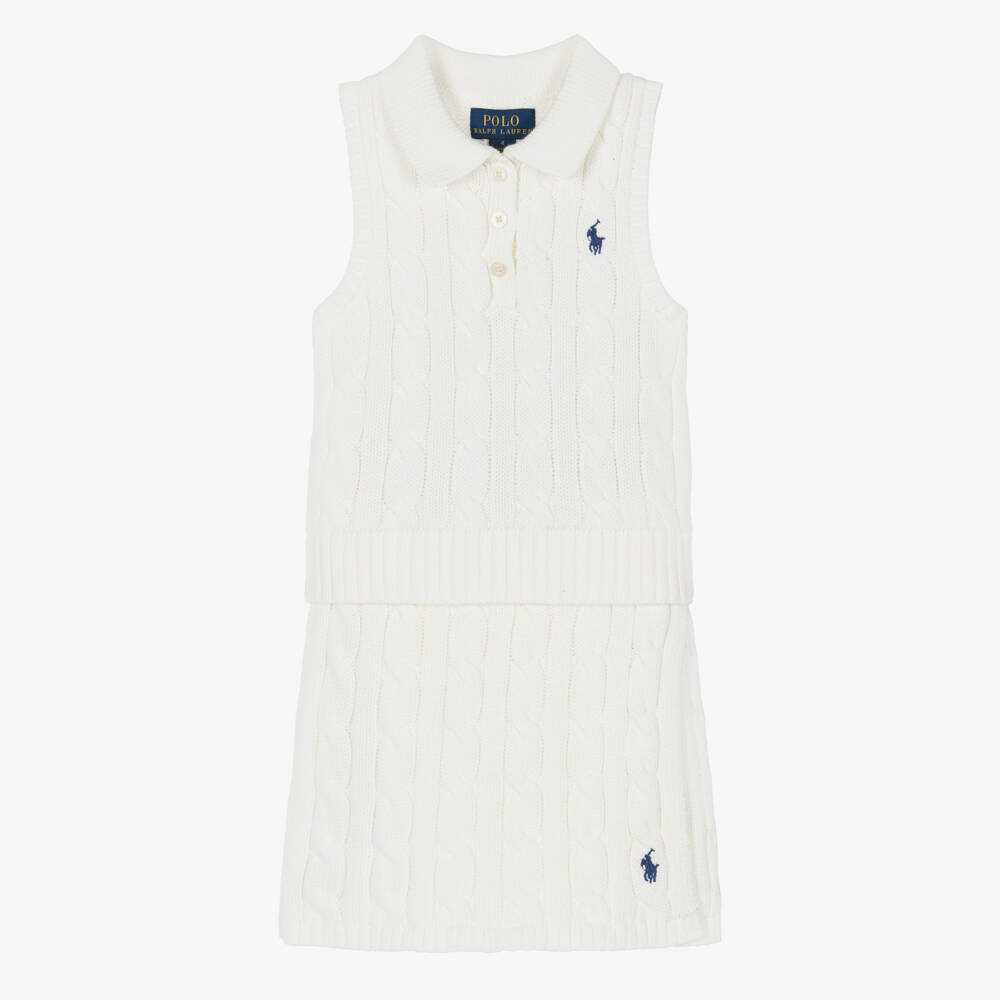 Ralph Lauren-Girls Ivory Cotton Cable Knit Skirt Set | Childrensalon