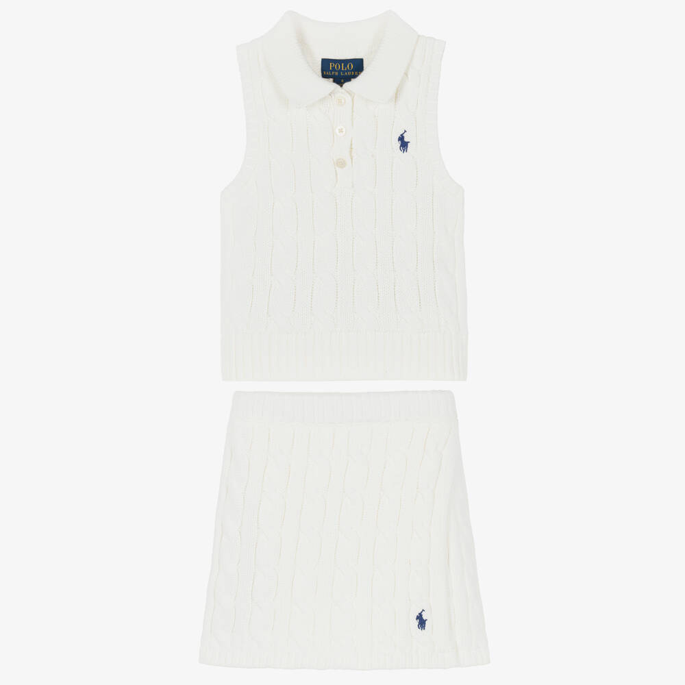 Ralph Lauren-Girls Ivory Cotton Cable Knit Skirt Set | Childrensalon