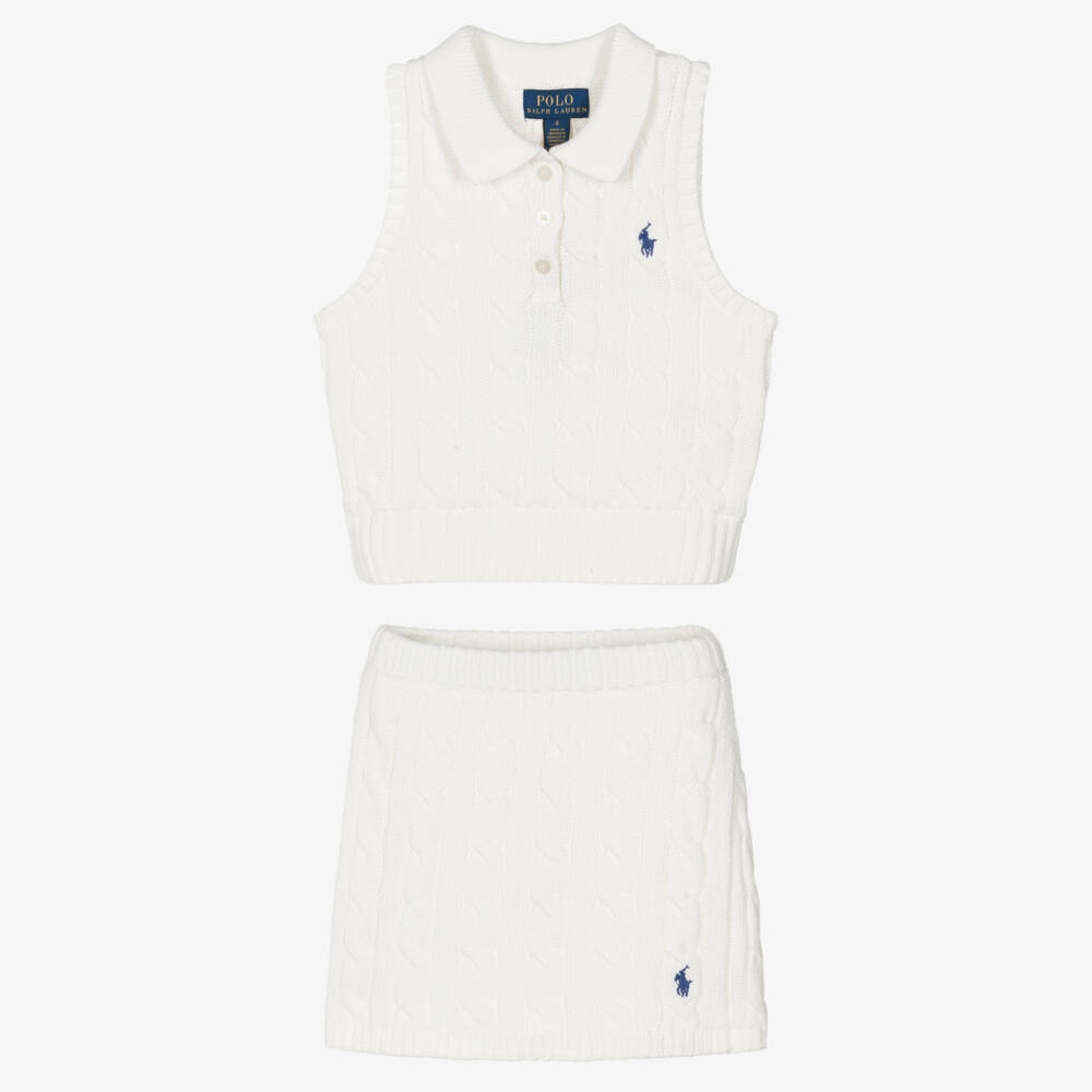 Ralph Lauren-Girls Ivory Cotton Cable Knit Skirt Set | Childrensalon