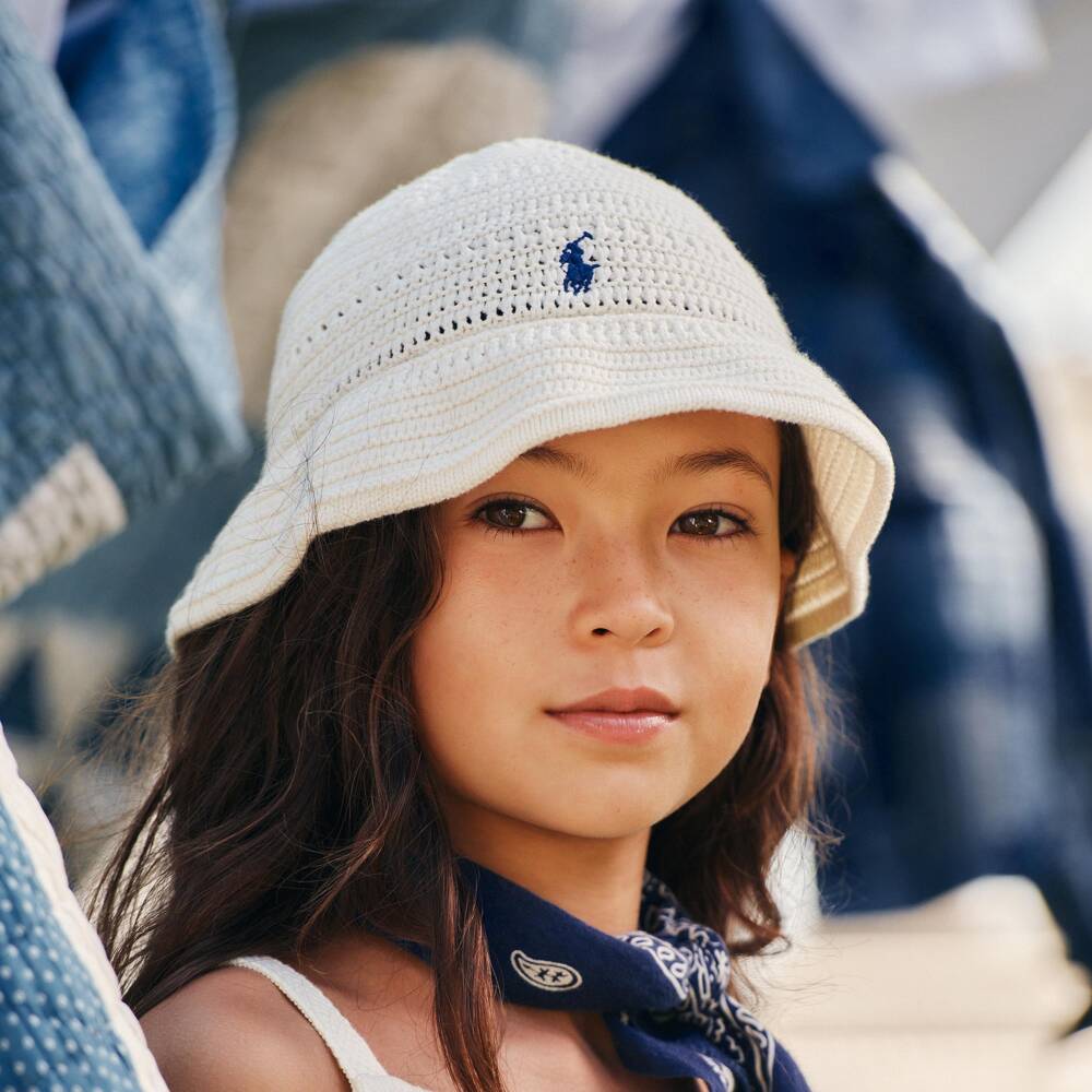 Ralph Lauren-Girls Ivory Cotton Crochet Bucket Hat | Childrensalon