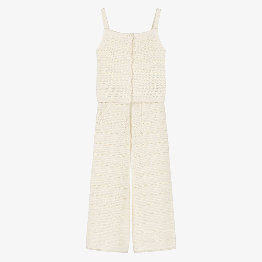 Ralph Lauren-Girls Ivory Cotton Crochet Trouser Set | Childrensalon