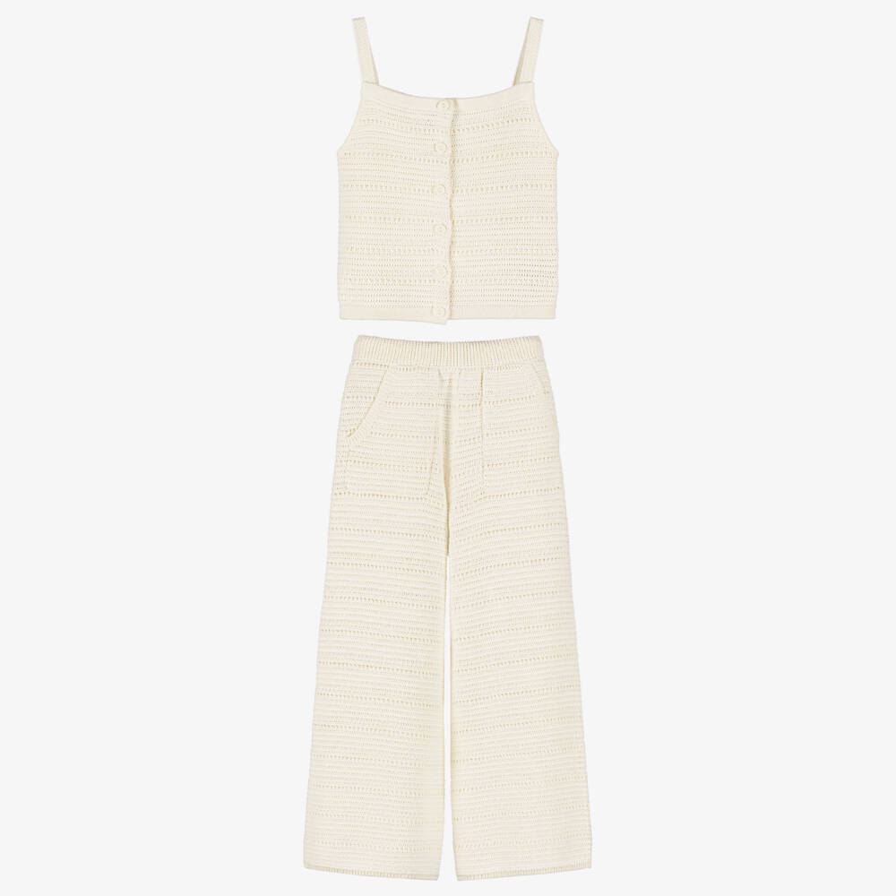Ralph Lauren-Girls Ivory Cotton Crochet Trouser Set | Childrensalon